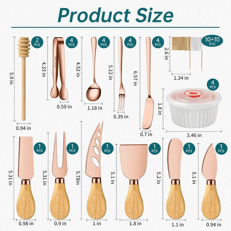 ELIMTEC Charcuterie Boards Accessories Bowls, Cheese Knife Set Mini Butter Spreader, Serving Tong, Fork, Spoon, Dipping Bowls with Lids, Toothpick Flags, Honey Dippers For Party Platter Making (RoseGold) - Image 2